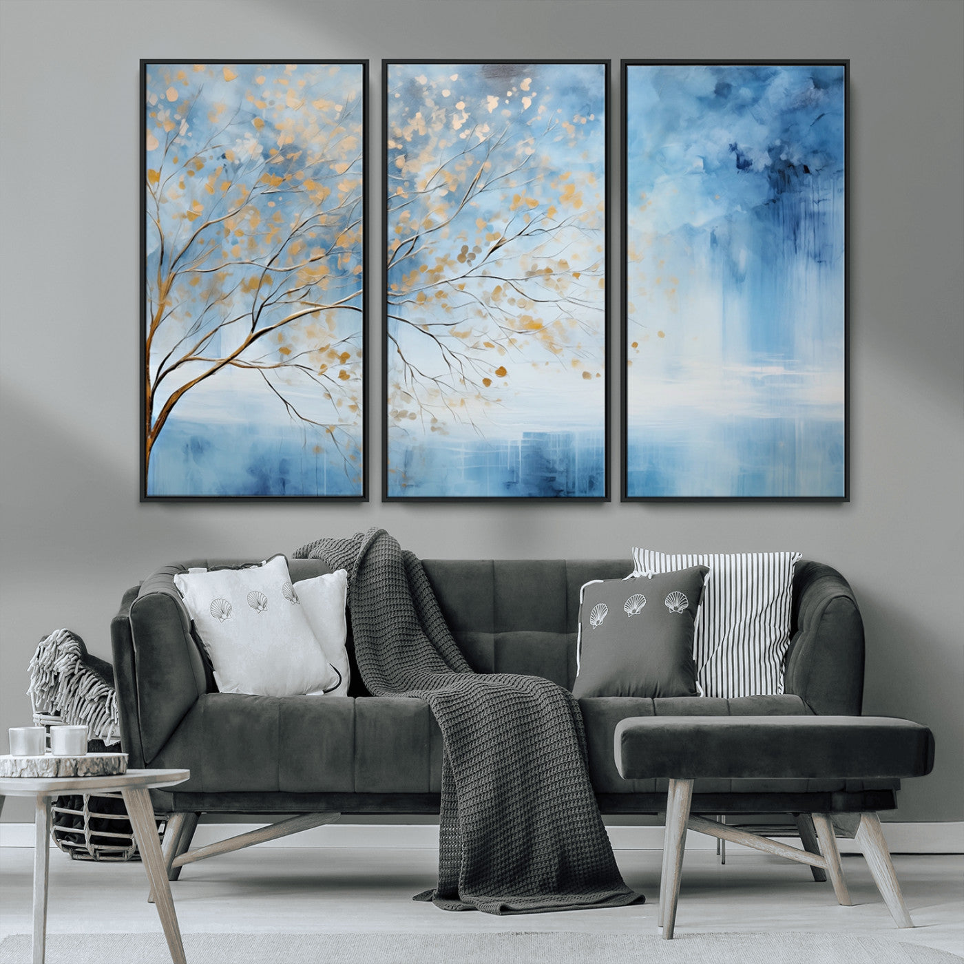 23891-MGV-FC-48X32-3P_Black-Abstract Tree Wall Art – Minimalist Blue and Gold Canvas Painting, Elegant Nature-Inspired Artwork for Living Room, Bedroom or