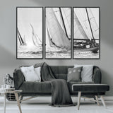 Boat-1-MGV-CV-36X24-Sailboat Racing Wall Art – Nautical Black and White Canvas Print, Ocean Adventure Decor for Office, Living Room or Bedroom