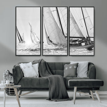 Boat-1-MGV-CV-36X24-Sailboat Racing Wall Art – Nautical Black and White Canvas Print, Ocean Adventure Decor for Office, Living Room or Bedroom