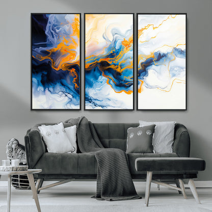 83720-MGV-FC-48X32-3P_Black-Abstract Fluid Wall Art – Blue, White and Gold Swirl Canvas Painting, Modern Contemporary Artwork for Living Room, Bedroom or