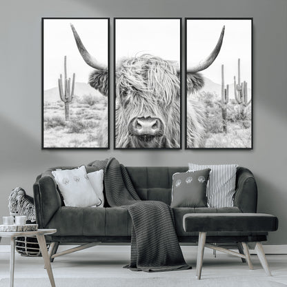 94579-MGV-CV-36X24-Highland Cow Wall Art – Black and White Longhorn Canvas Print, Rustic Western Farmhouse Animal Photography for Living Room,