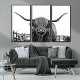 58188-MGV-CV-36X24-Highland Cow Wall Art – Black and White Rustic Farmhouse Canvas Print, Longhorn Cattle Photography Decor for Living Room or