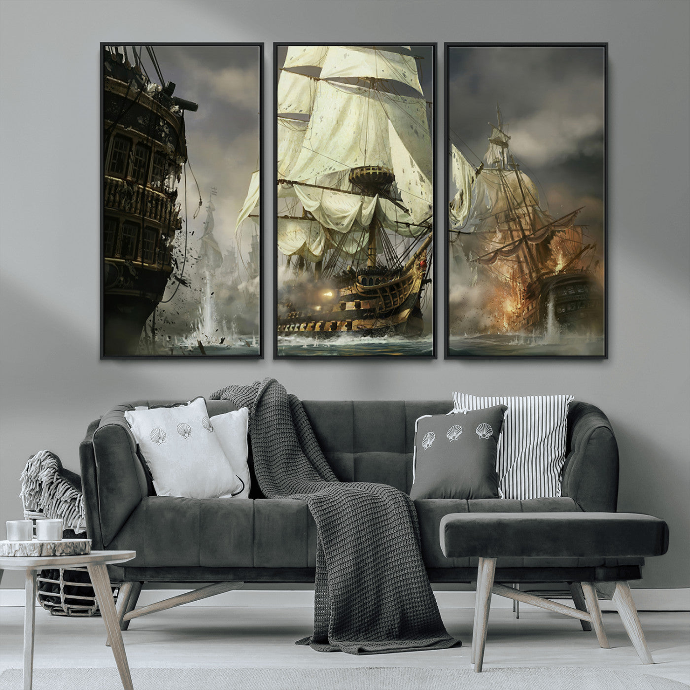 26512-MGV-CV-36X24-Naval Battle Wall Art – Dramatic Tall Ship Canvas Print, Historic Pirate Sailing War Scene, Nautical Decor for Office, Study or