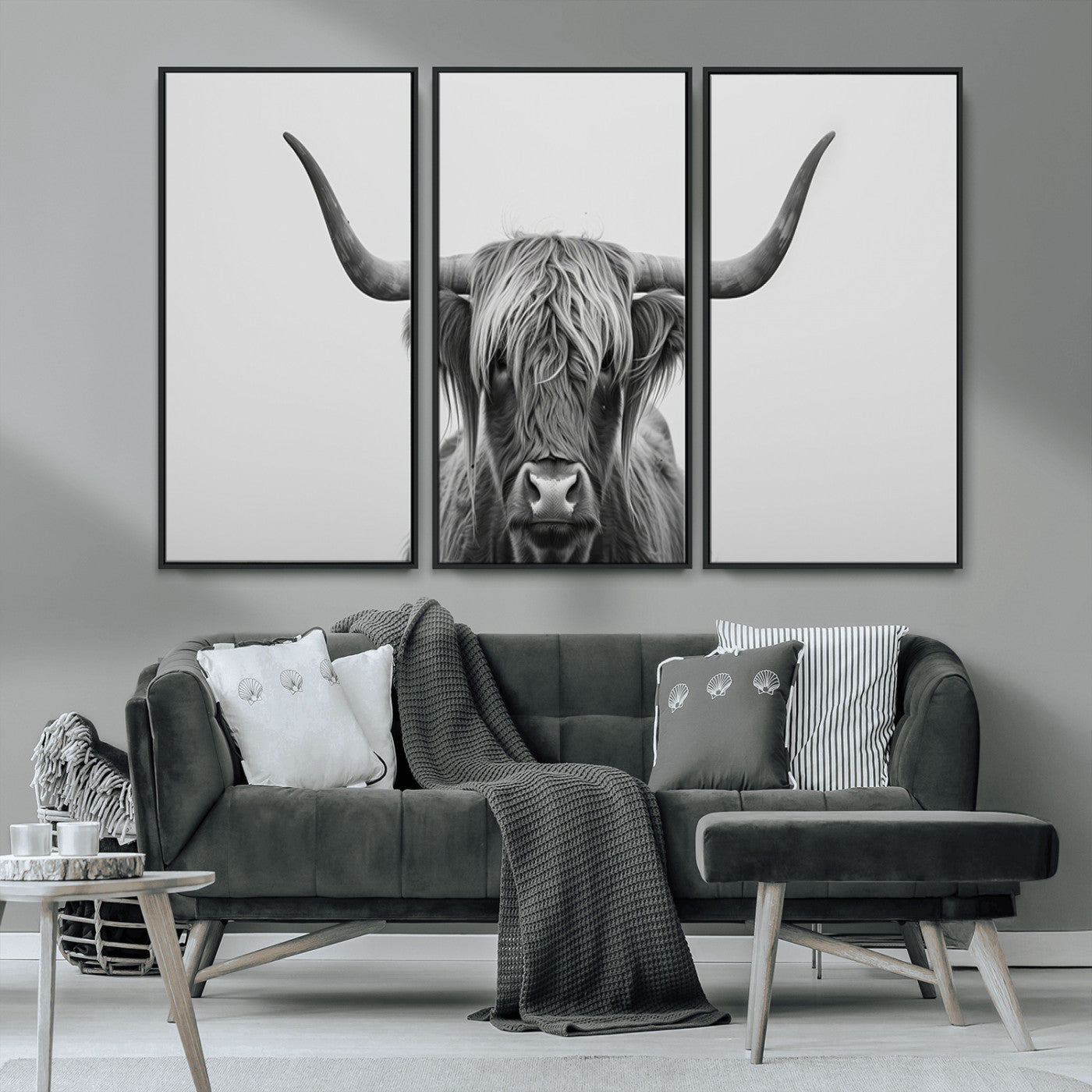 35820-MGV-CV-36X24-Minimalist Highland Cow Wall Art – Black and White Longhorn Cattle Canvas Print, Modern Farmhouse Animal Photography Decor for