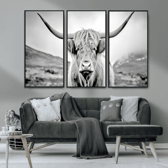 80564-MGV-CV-36X24-Highland Cow Wall Art – Black and White Scottish Highland Canvas Print, Rustic Farmhouse Decor for Living Room, Bedroom or Office