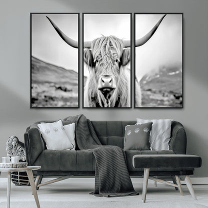 80564-MGV-CV-36X24-Highland Cow Wall Art – Black and White Scottish Highland Canvas Print, Rustic Farmhouse Decor for Living Room, Bedroom or Office