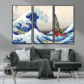 19450-MGV-FC-48X32-3P_Black-Great Wave Adventure Wall Art – Japanese Style Ocean Canvas Print, Fantasy Sailing Decor for Living Room, Bedroom or Office
