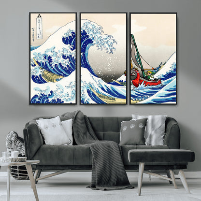 19450-MGV-FC-48X32-3P_Black-Great Wave Adventure Wall Art – Japanese Style Ocean Canvas Print, Fantasy Sailing Decor for Living Room, Bedroom or Office
