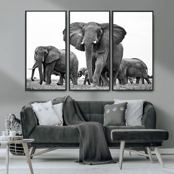 91685-MGV-CV-36X24-Elephant Herd Wall Art – Black and White Safari Canvas Print, African Wildlife Photography Decor for Living Room, Office or