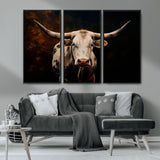 70522-MGV-CV-36X24-Longhorn Bull Wall Art – Striking Canvas Print of Majestic Bull, Premium Animal Decor for Home, Office, Man Cave, or Living Room