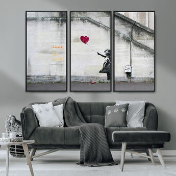 50559-MGV-FC-48X32-3P_Black-Banksy Girl with Balloon Wall Art – Famous Street Graffiti Canvas Print, Modern Urban Artwork for Living Room, Bedroom or Office
