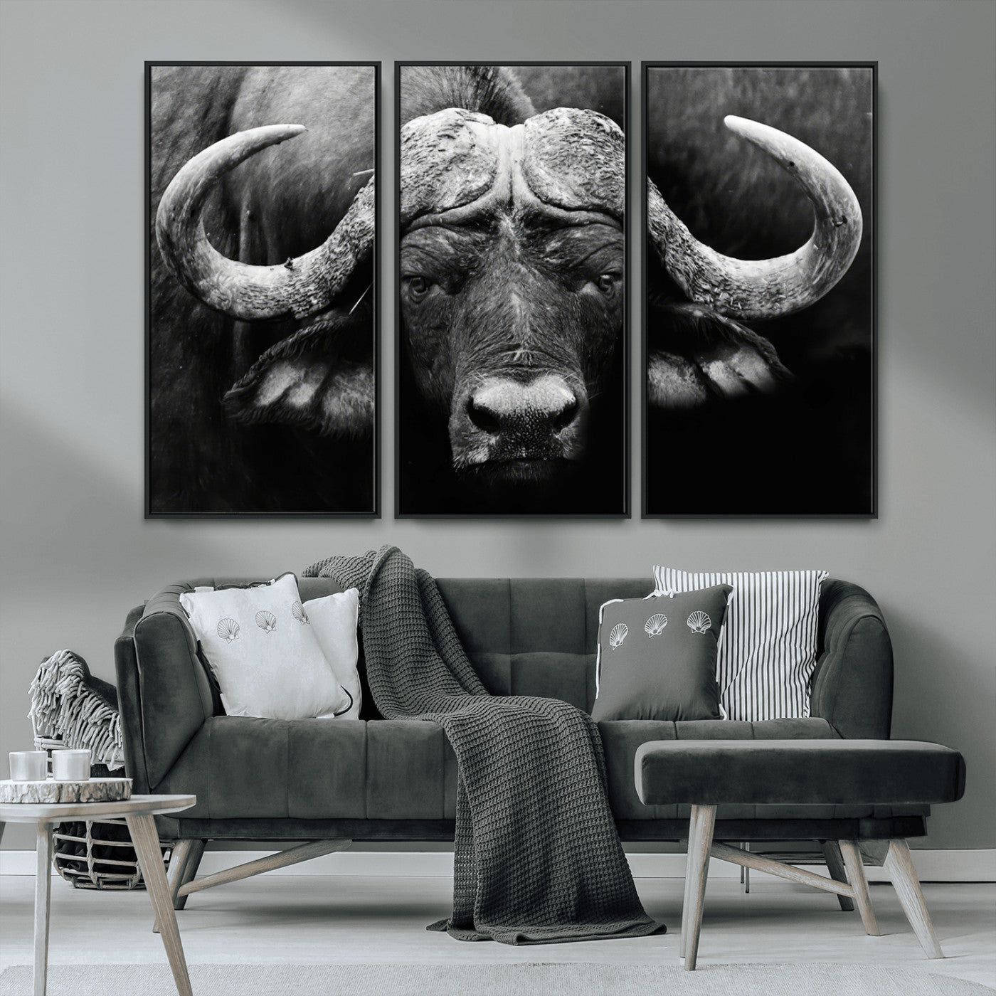 75273-MGV-CV-36X24-Buffalo Wall Art – Black and White African Buffalo Canvas Print, Rustic Wildlife Animal Artwork for Farmhouse, Living Room,