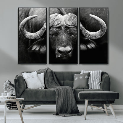 75273-MGV-CV-36X24-Buffalo Wall Art – Black and White African Buffalo Canvas Print, Rustic Wildlife Animal Artwork for Farmhouse, Living Room,
