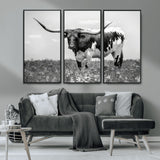 94709-MGV-CV-36X24-Texas Longhorn Wall Art – Black and White Bull Photography Canvas Print, Western Farmhouse Wall Decor for Living Room, Office or