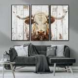 71551-MGV-CV-36X24-Longhorn Bull Wall Art – Rustic Western Cow Canvas Print, Farmhouse Animal Painting with Wood Plank Style for Living Room, Office