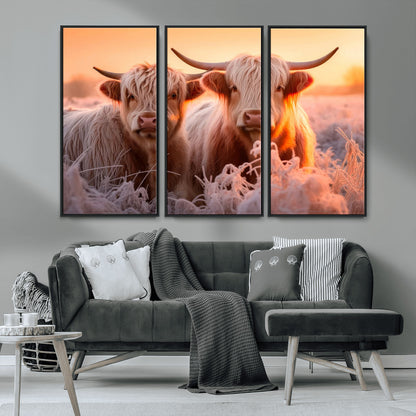 68253-MGV-CV-36X24-Highland Cow Wall Art – Rustic Farmhouse Cattle Canvas Print, Frosty Sunset Animal Artwork for Living Room, Bedroom or Country