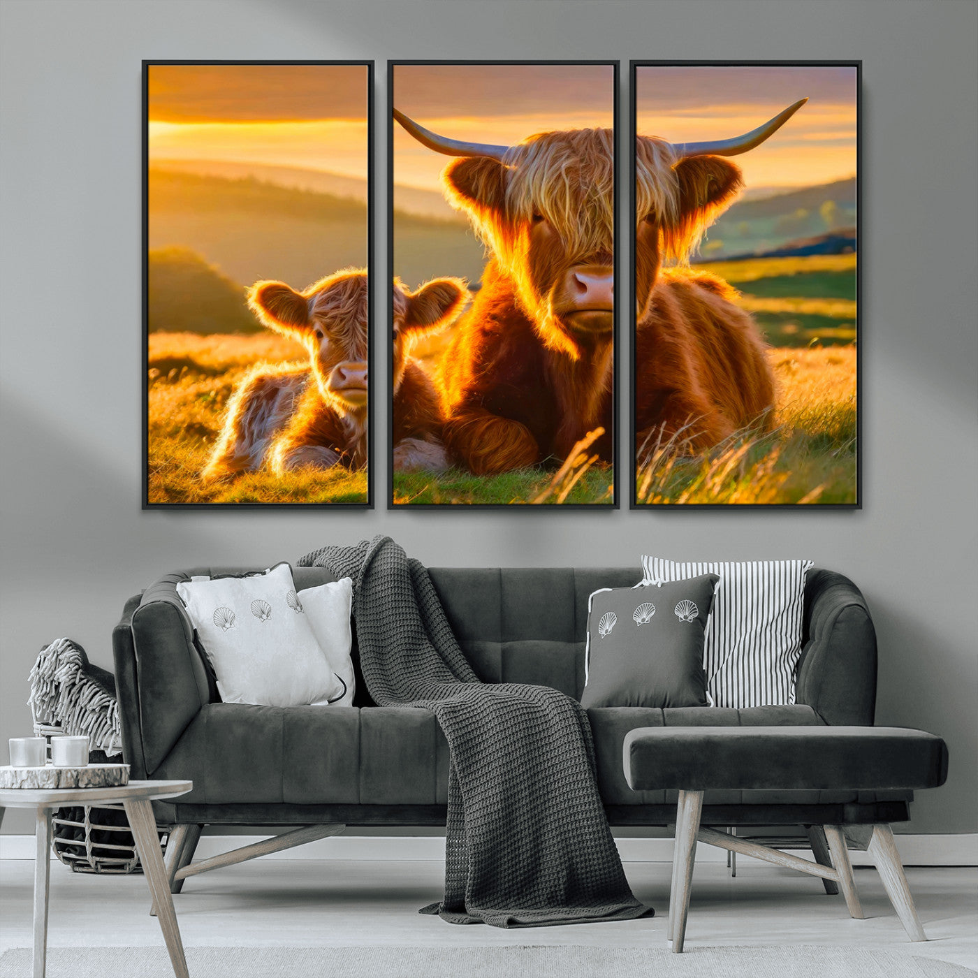 20567-MGV-CV-36X24-Highland Cow and Calf Wall Art – Rustic Farmhouse Sunset Cattle Canvas Print, Country Animal Artwork for Living Room, Bedroom, or