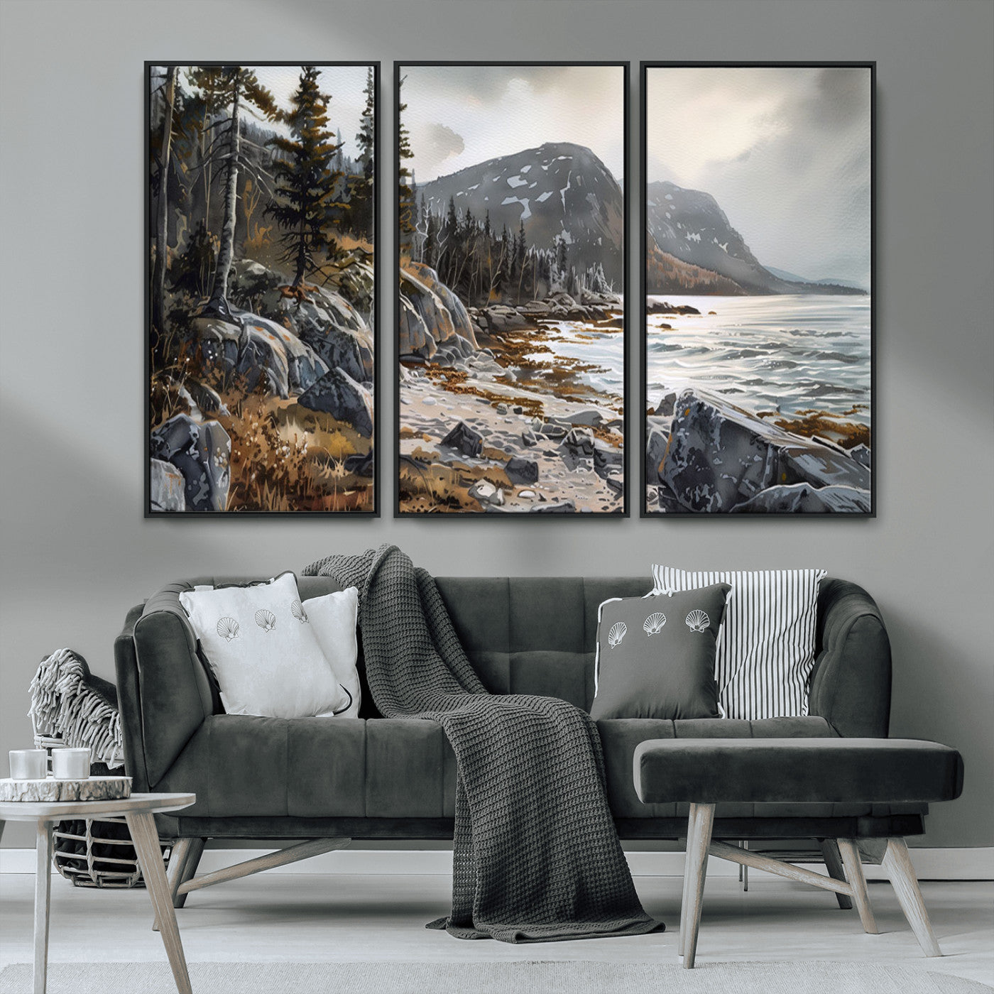 41281-MGV-CV-36X24-Rocky Shoreline Wall Art – Panoramic Mountain Coast and Forest Canvas Print, Rustic Nature Landscape Decor for Cabin, Lodge, or