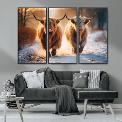 94810-MGV-CV-36X24-Highland Cow Wall Art – Rustic Canvas Print Two Cattle Snow Path Sunset, Farmhouse Country Decor for Living Room, Bedroom, Office,