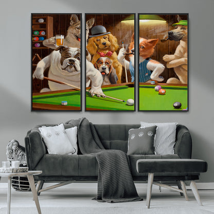 34228-MGV-CV-36X24-Dogs Playing Pool Wall Art Canvas Print, Framed Funny Dog Art Picture Print, Dog Perfect Game Room Decor Artwork