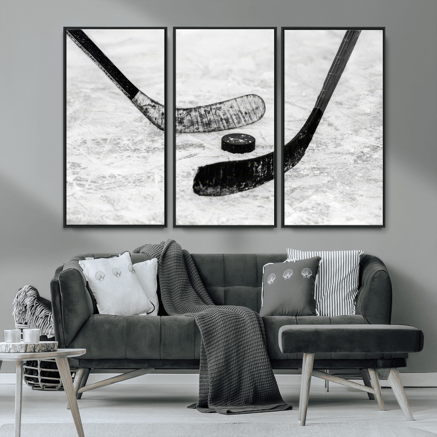 82900-MGV-CV-36X24-Hockey Wall Art – Black and White Canvas Print Ice Rink Sticks Puck Sports Photography, Modern Decor for Game Room, Man Cave,