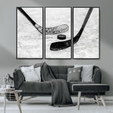 82900-MGV-CV-36X24-Hockey Wall Art – Black and White Canvas Print Ice Rink Sticks Puck Sports Photography, Modern Decor for Game Room, Man Cave,