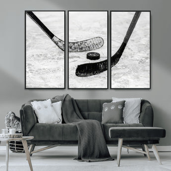 82900-MGV-CV-36X24-Hockey Wall Art – Black and White Canvas Print Ice Rink Sticks Puck Sports Photography, Modern Decor for Game Room, Man Cave,