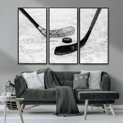 82900-MGV-CV-36X24-Hockey Wall Art – Black and White Canvas Print Ice Rink Sticks Puck Sports Photography, Modern Decor for Game Room, Man Cave,