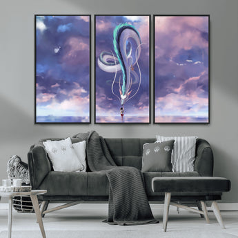66864-MGV-CV-36X24-Fantasy Dragon Wall Art – Mystical Canvas Print Girl and Sky Serpent Dreamlike Clouds, Magical Anime Inspired Decor for Living