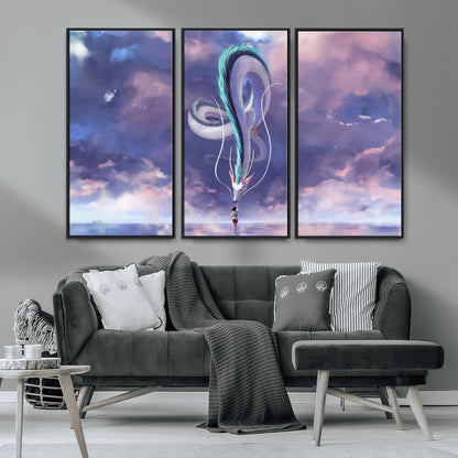 66864-MGV-CV-36X24-Fantasy Dragon Wall Art – Mystical Canvas Print Girl and Sky Serpent Dreamlike Clouds, Magical Anime Inspired Decor for Living
