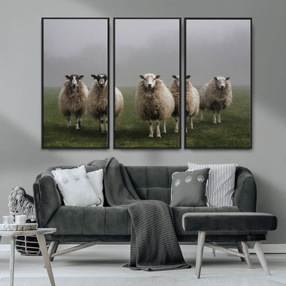 87339-MGV-CV-36X24-Sheep Wall Art – Rustic Farmhouse Canvas Print Flock Standing Misty Field Countryside Photography, Country Animal Decor for Living
