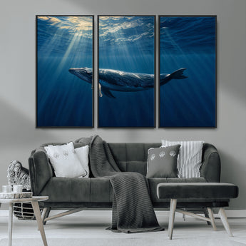 18052-MGV-CV-36X24-Whale Wall Art – Majestic Ocean Canvas Print Marine Life Underwater Sunlight Scene, Nautical Coastal Decor for Living Room,