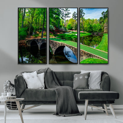 57655-MGV-FC-48X32-3P_Black-Golf Course Wall Art – Canvas Print Scenic Green Fairway Stone Bridge Water Reflection Landscape, Classic Sports Decor for Office,