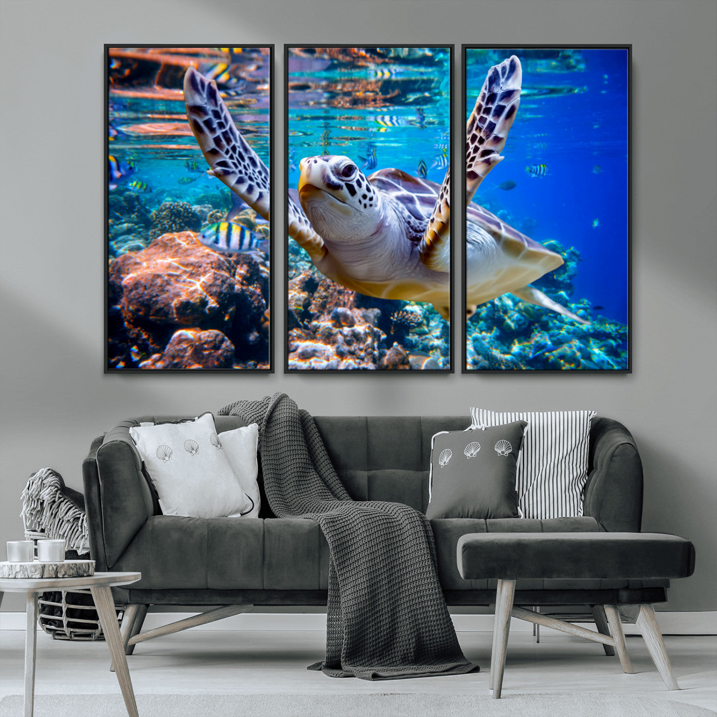 12683-MGV-CV-36X24-Sea Turtle Wall Art – Graceful Ocean Canvas Print with Coral Reef and Tropical Fish, Coastal Marine Life Decor for Beach House,