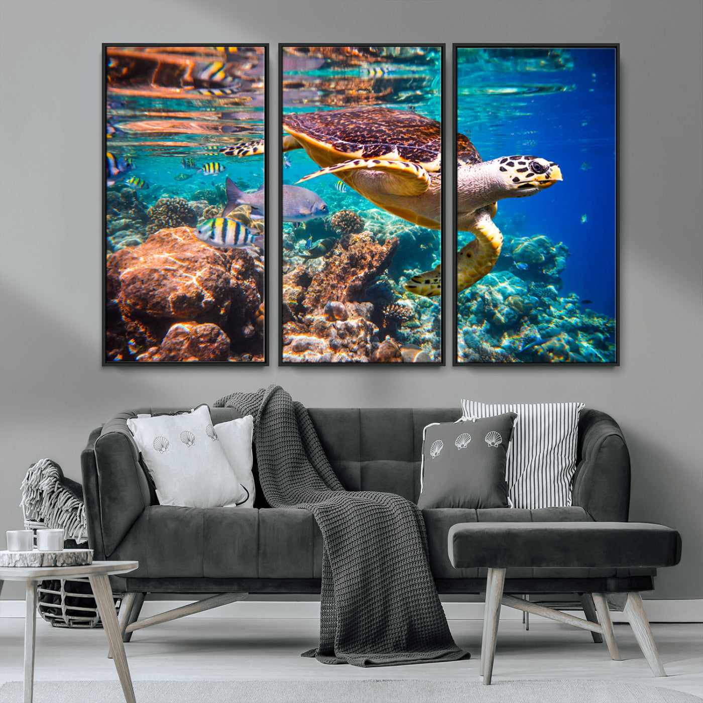 66614-MGV-CV-36X24-Sea Turtle Wall Art – Hawksbill Turtle Swimming Over Coral Reef Canvas Print, Ocean Marine Life Decor for Beach House, Coastal