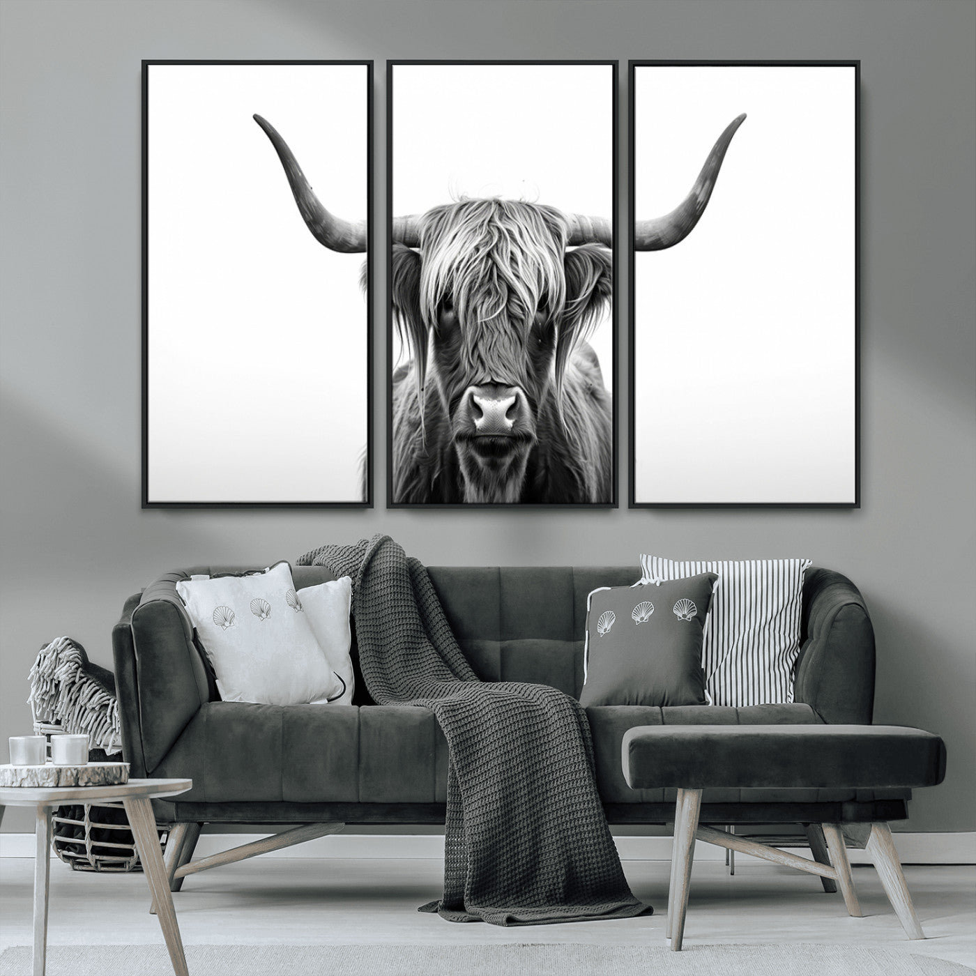 49556-MGV-FC-48X32-3P_Black-Highland Cow Wall Art – Black and White Scottish Highland Cattle Print, Rustic Farmhouse Minimalist Animal Portrait Canvas for