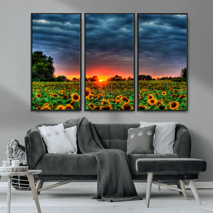 45045-MGV-FC-48X32-3P_Black-Sunflower Field Sunset Wall Art – Dramatic Stormy Sky Landscape Print, Vibrant Yellow Floral Nature Canvas for Living Room,
