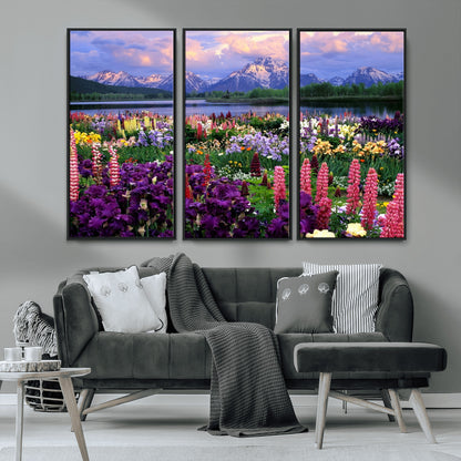 82270-MGV-CV-36X24-Colorful Wildflower Meadow Landscape Wall Art – Snow-Capped Mountain Lake Sunset Print, Vibrant Nature Artwork for Living Room,
