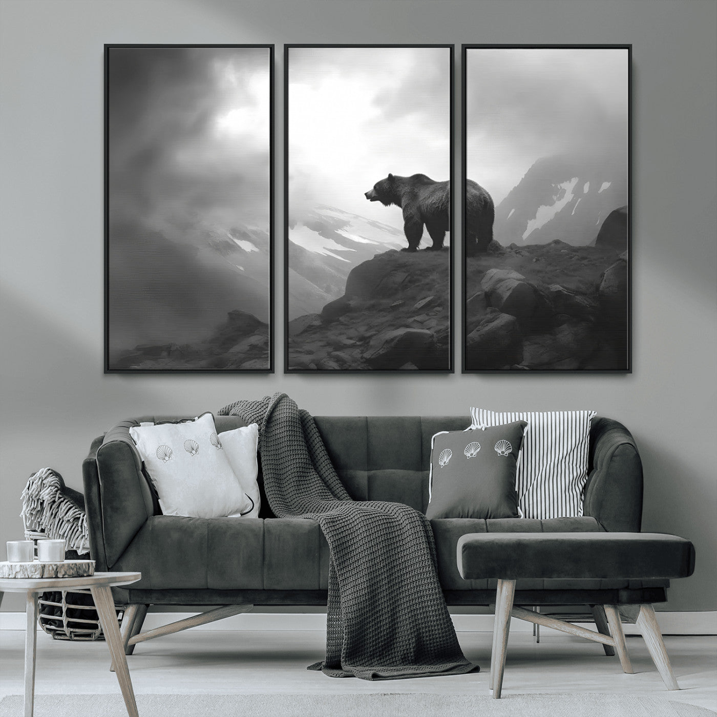 49504-MGV-FC-48X32-3P_Black-Black and White Grizzly Bear Wall Art – Wilderness Wildlife Painting, Rustic Mountain Cabin Decor, Monochrome Animal Print for