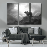 49504-MGV-FC-48X32-3P_Black-Black and White Grizzly Bear Wall Art – Wilderness Wildlife Painting, Rustic Mountain Cabin Decor, Monochrome Animal Print for