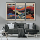 49228-MGV-FC-93X47-3P_Black-Kusama Wall Art – Vibrant Japanese Landscape Canvas Print, Modern Abstract Mountain and River Decor for Living Room, Office or Art