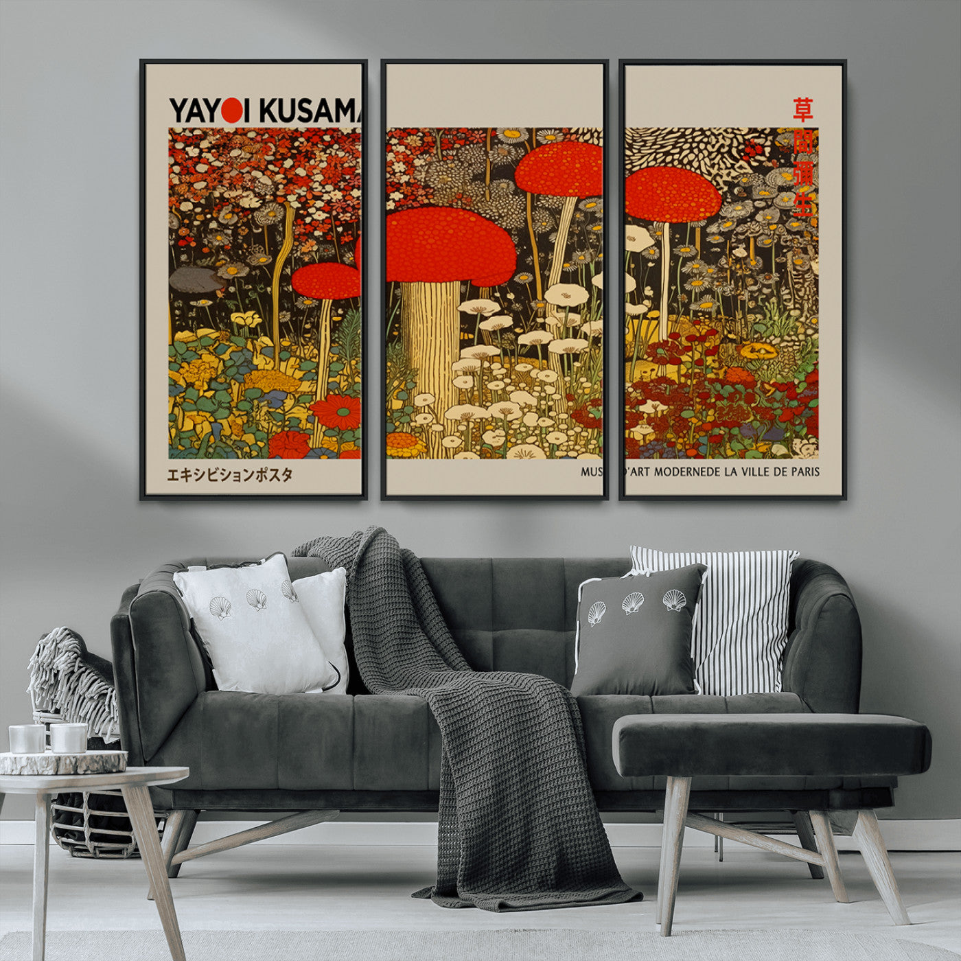 38013-MGV-CV-36X24-Yayoi Kusama Inspired Mushroom Garden Wall Art – Whimsical Botanical Canvas Print, Surreal Nature Poster, Fantasy Floral Artwork