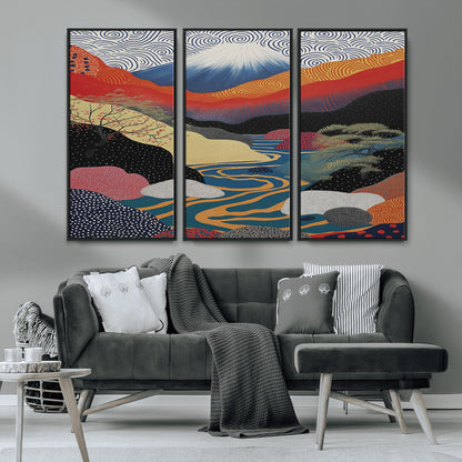32131-MGV-CV-36X24-Japanese Mount Fuji Wall Art – Abstract Landscape Canvas Print with Swirling Sky & River, Modern Minimalist Asian Inspired Poster
