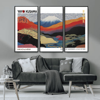 14839-MGV-CV-36X24-Yayoi Kusama Wall Art – Panoramic Mountain & River Canvas Print, Modern Abstract Japanese Landscape Decor for Living Room or