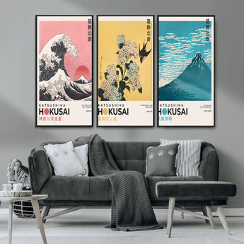 Katsushika-MGV-CV-36X24-Katsushika Hokusai Wall Art Set – The Great Wave, Hydrangea and Swallow, Fine Wind Canvas Prints, Japanese Ukiyo e Style Home and