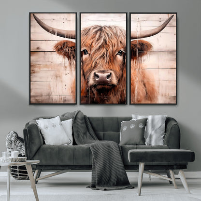 93730-MGV-CV-36X24-Scottish Cow Wall Art Canvas Print, Framed Longhorn Cow Art Picture Print, Highland Cattle Perfect Rustic Farmhouse Decor Artwork