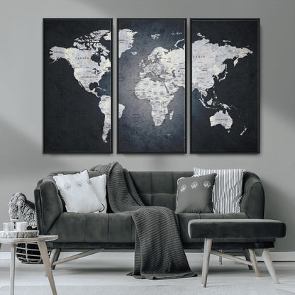 19124-MGV-CV-36X24-Modern World Map Wall Art – Black and White Canvas Print, Minimalist Global Map Decor for Office, Study, Bedroom or Living Room