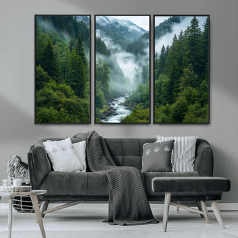 69453-MGV-CV-36X24-Mountain Forest Wall Art – Misty River and Evergreen Landscape Canvas Print, Nature Photography Poster for Living Room, Bedroom,