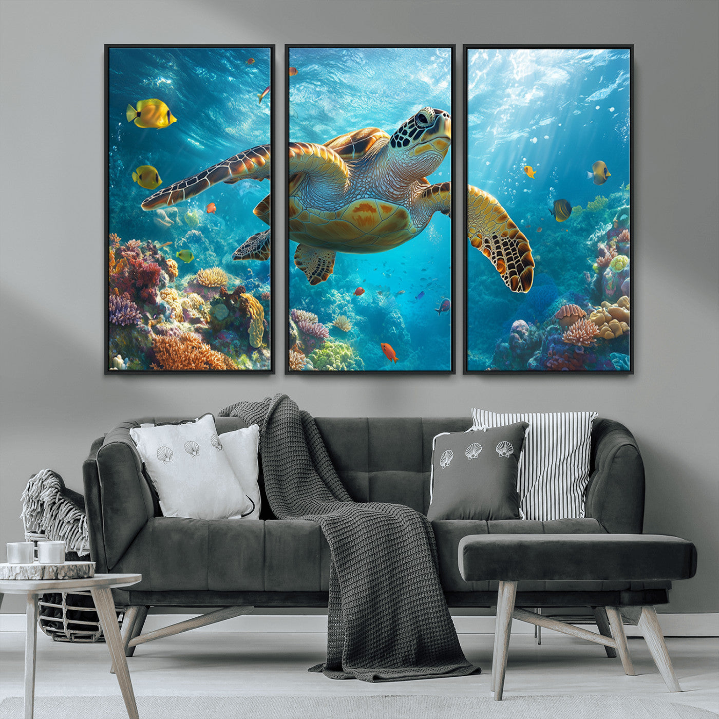 37623-MGV-FC-48X32-3P_Black-Sea Turtle Wall Art – Underwater Ocean Canvas Print with Coral Reef and Tropical Fish, Marine Life Painting Poster for Living