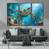 37623-MGV-FC-48X32-3P_Black-Sea Turtle Wall Art – Underwater Ocean Canvas Print with Coral Reef and Tropical Fish, Marine Life Painting Poster for Living